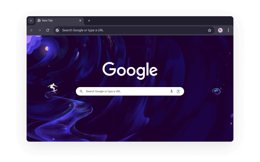 抽象的 Chrome 用户界面周围环绕着代表浏览器扩展类别的图标。这些图标代表购物、娱乐、工具、艺术与设计以及辅助功能。